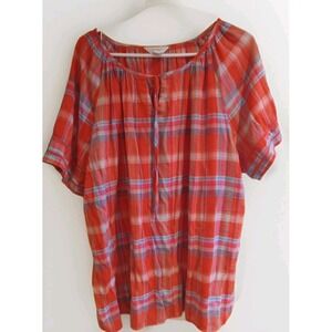Christopher & Banks Women's Sz 1X Popover Blouse Top Orange Plaid Prairie Boho
